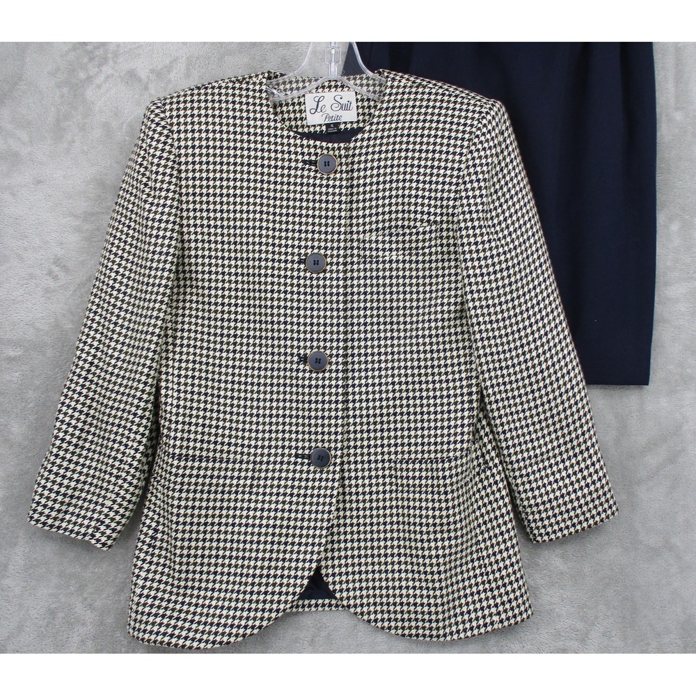 Vintage Le Suit Skirt Suit Womens Size XS Petite Houndstooth Blazer Preppy Navy